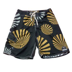 VTG Billabong Andy Irons Board Shorts Mens 33 (Fit 32) Rising Sun Black Gold Y2K